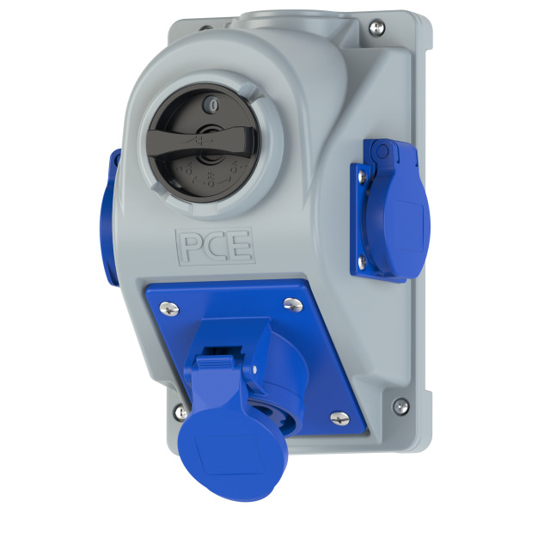 Picture of Tomada mural fêmea c/ interruptor 0-I+2xschuko IP44 16A 2P+T 230V